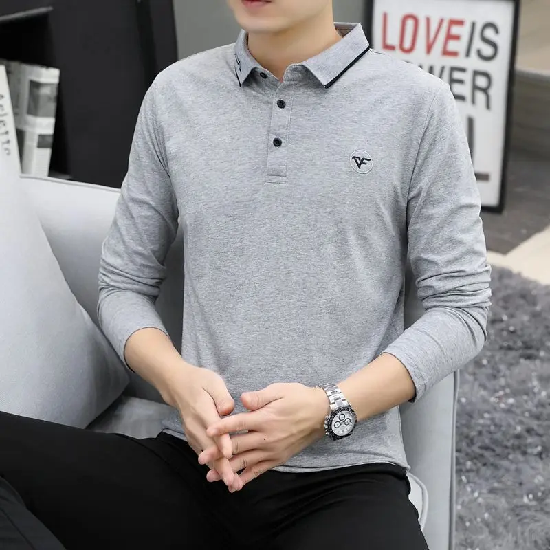 Men's Slim Fit Korean Style British Inspired Pure Cotton Long Sleeve Polo Shirt for Spring/Autumn