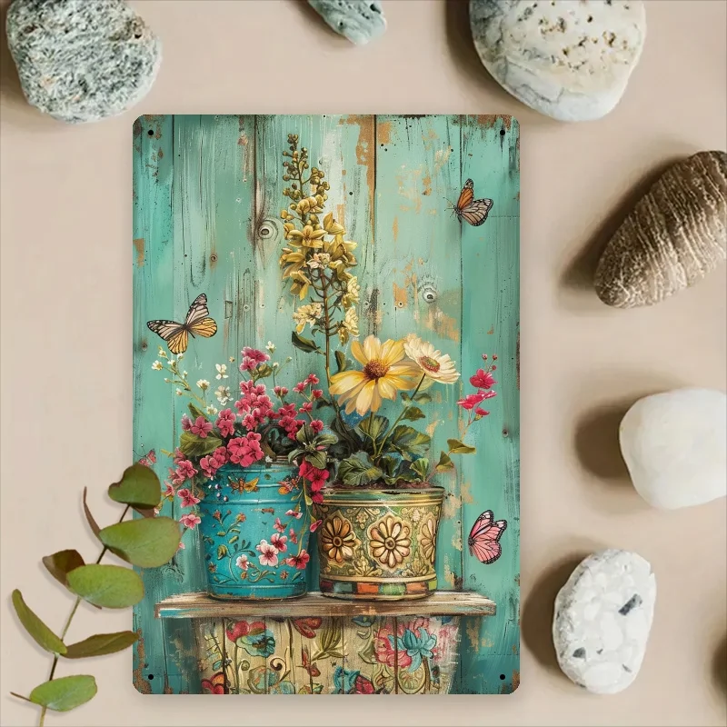 Vintage Butterflies and Flower Pots Metal Wall Art | 8x12 Inches - Perfect for Home, Florist, or Cafe Decor, Ideal