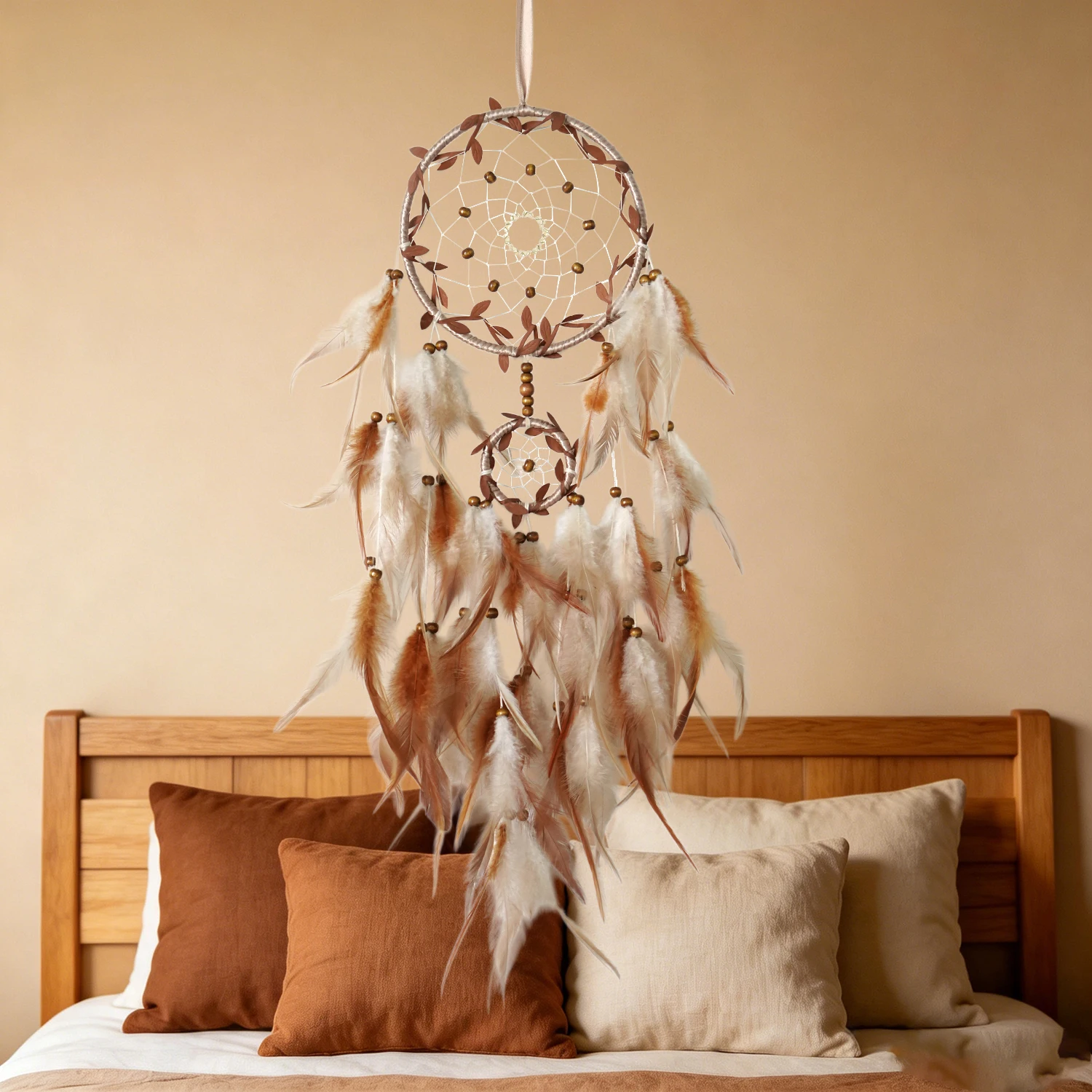 Purple Double Circle Dream Catcher with Beads Gradient Feathers Handcrafted Wall Hanging Home Decoration Wind Chimes Gift