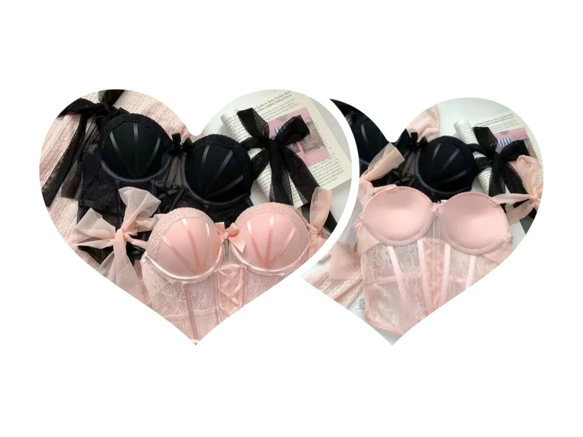 Conjunto de lencería sexy de encaje: Top halter con diseño de espina de pescado y almohadillas, parte inferior fina y parte superior gruesa, para mujer.