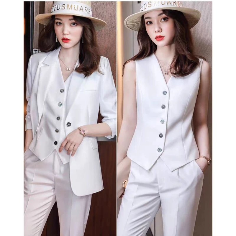 Conjunto de traje de alta gama para mujer, Blazer, chaleco, pantalones, color sólido, oficina, boda