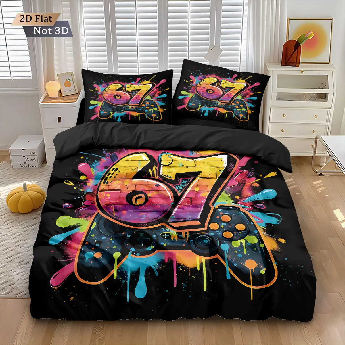 3pcs 67 Graffiti Style 67 Element Game Controller Printed Quilt Cover Set Multi Size Bedding Decoration Soft Machine Washable