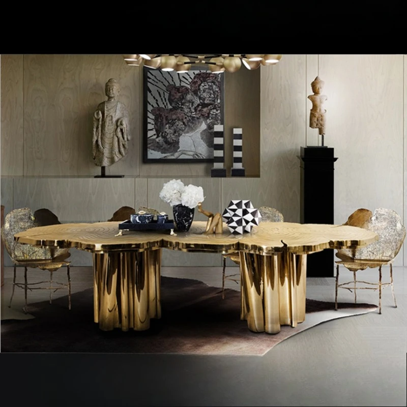 Italian light luxury stainless steel, special-shaped etched countertop dining table, modern villa living room