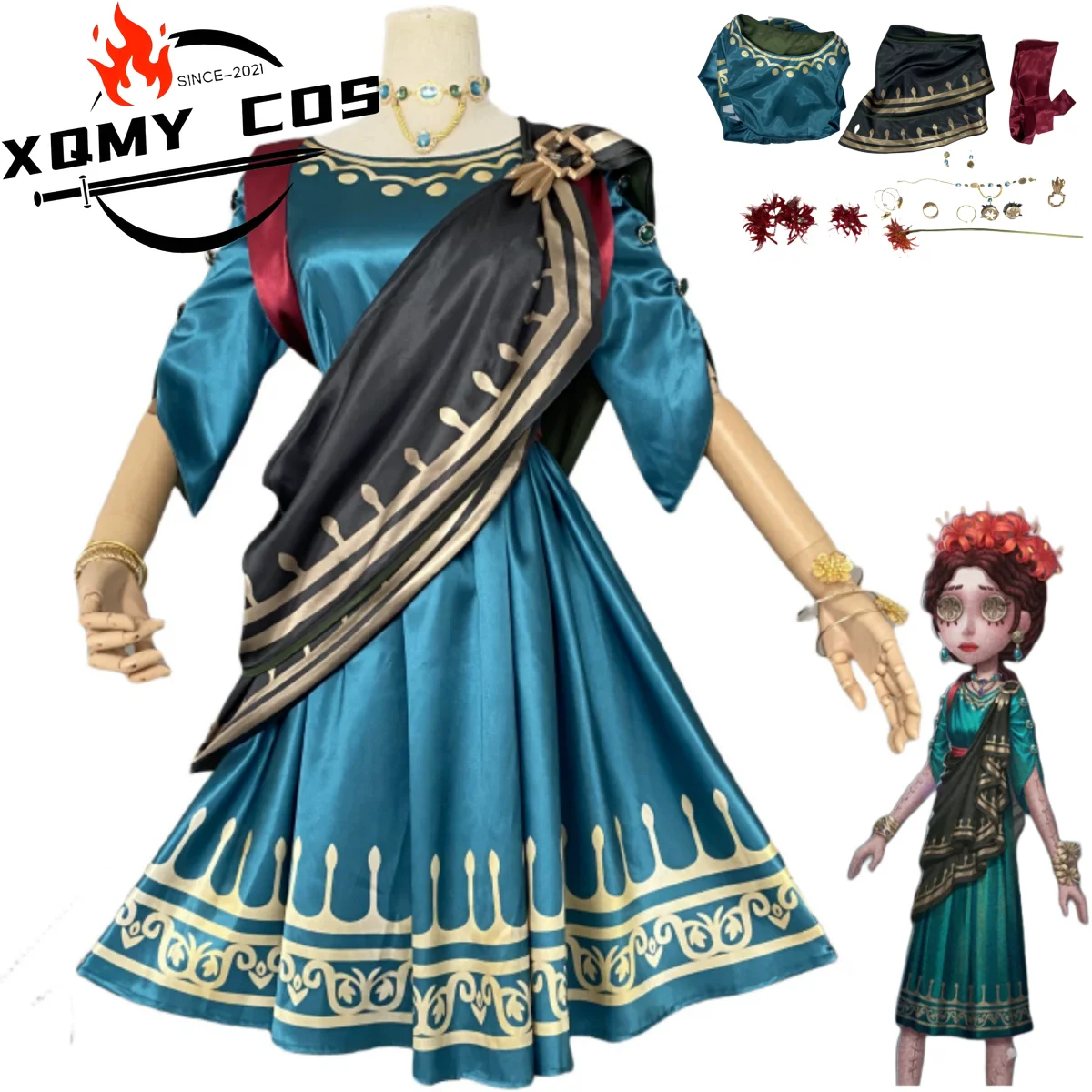 

XqAnime Game Emily Dyer Lydia Jones Doctor Cosplay Costume Blue National Style Dress Necklace Woman Sexy Traditional Festival Su