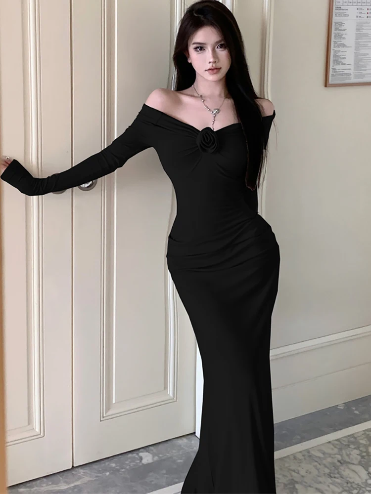 Abito lungo sexy da donna a maniche lunghe con scollo a barchetta Abito lungo sexy autunno inverno Abito da sera di lusso Hepburn vintage 2025 Abito aderente elegante