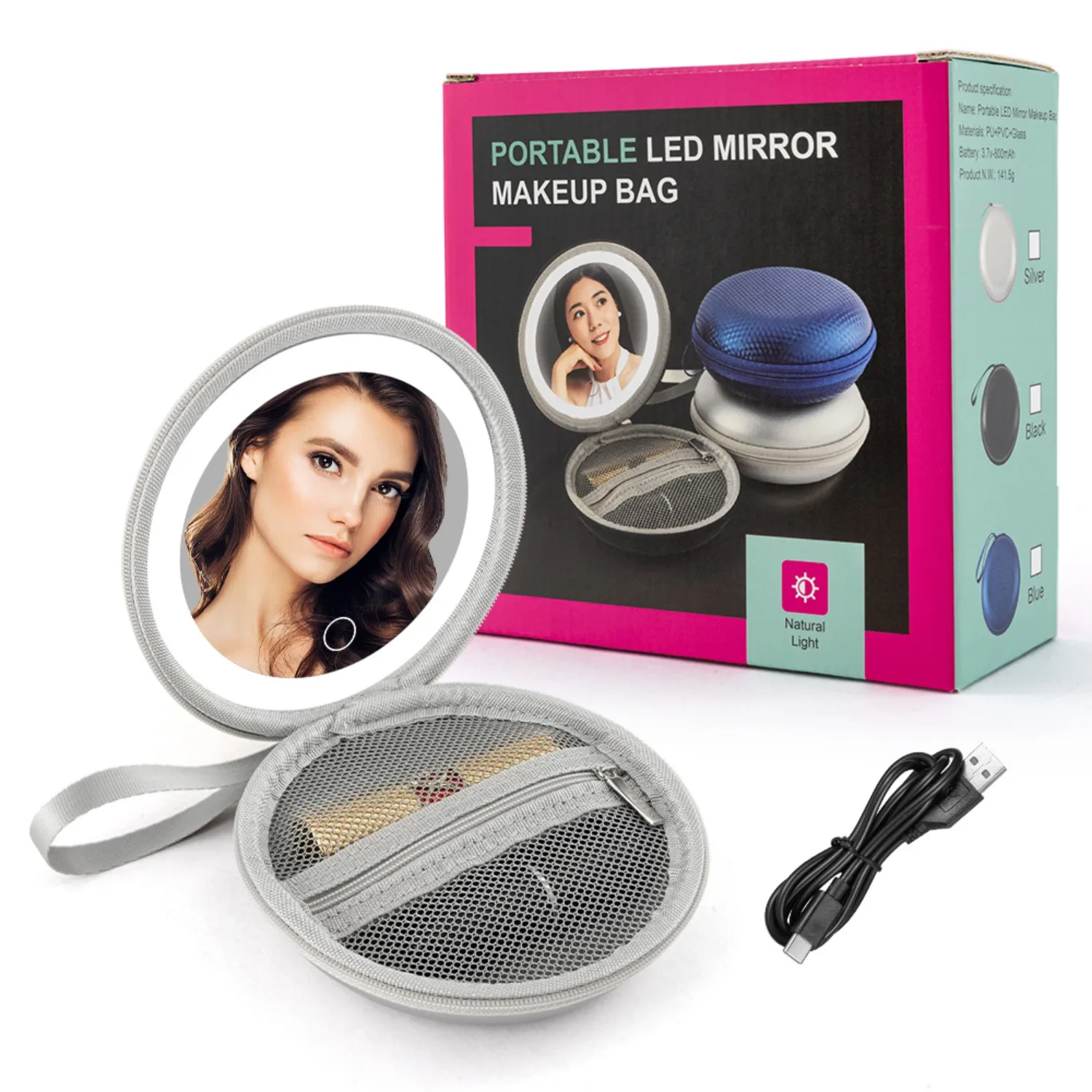 Portable Leather Makeup Mirror - Touch Dimming, Built-In Lipstick Storage, Rechargeable with Hanging Strap