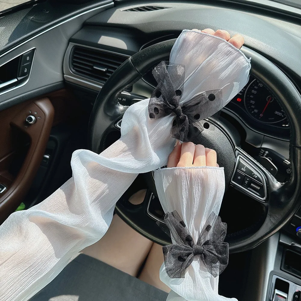 2pcs/set Sun Protection Bow Gauze Sleeves Thin Polyester Breathable Long Arm Sleeves Silk Ribbon Fingerless