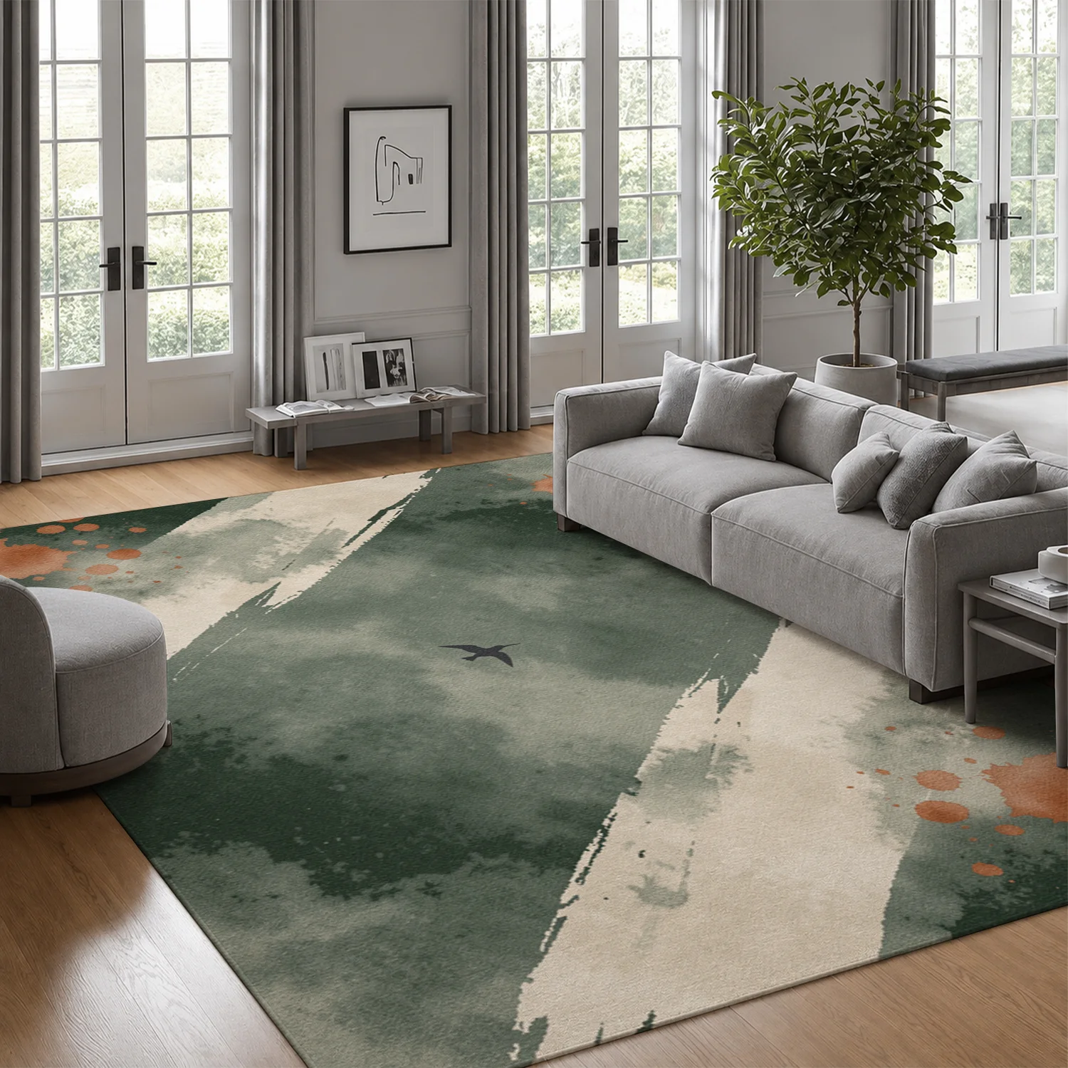 Abstract Watercolor Ink Brush Stroke Bird Silhouette Area Rug, Soft Plush Velvet Material, Machine Washable, Suitable for Living Room Bedroom Dining Room, Ideal for Halloween Thanksgiving Christmas New Year Home Decor