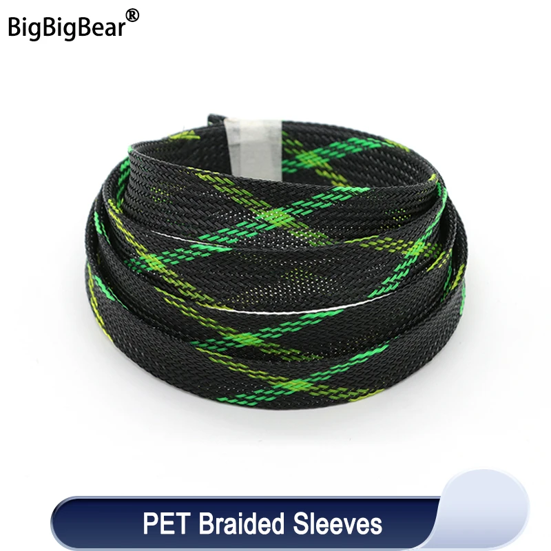 1~50m PET Braid Sleeve Black UV Green Yellow Cross 2/4/6/8/10/12/14/16/20/25/30mm High Density Snake Skin Cable Wrap Sheath