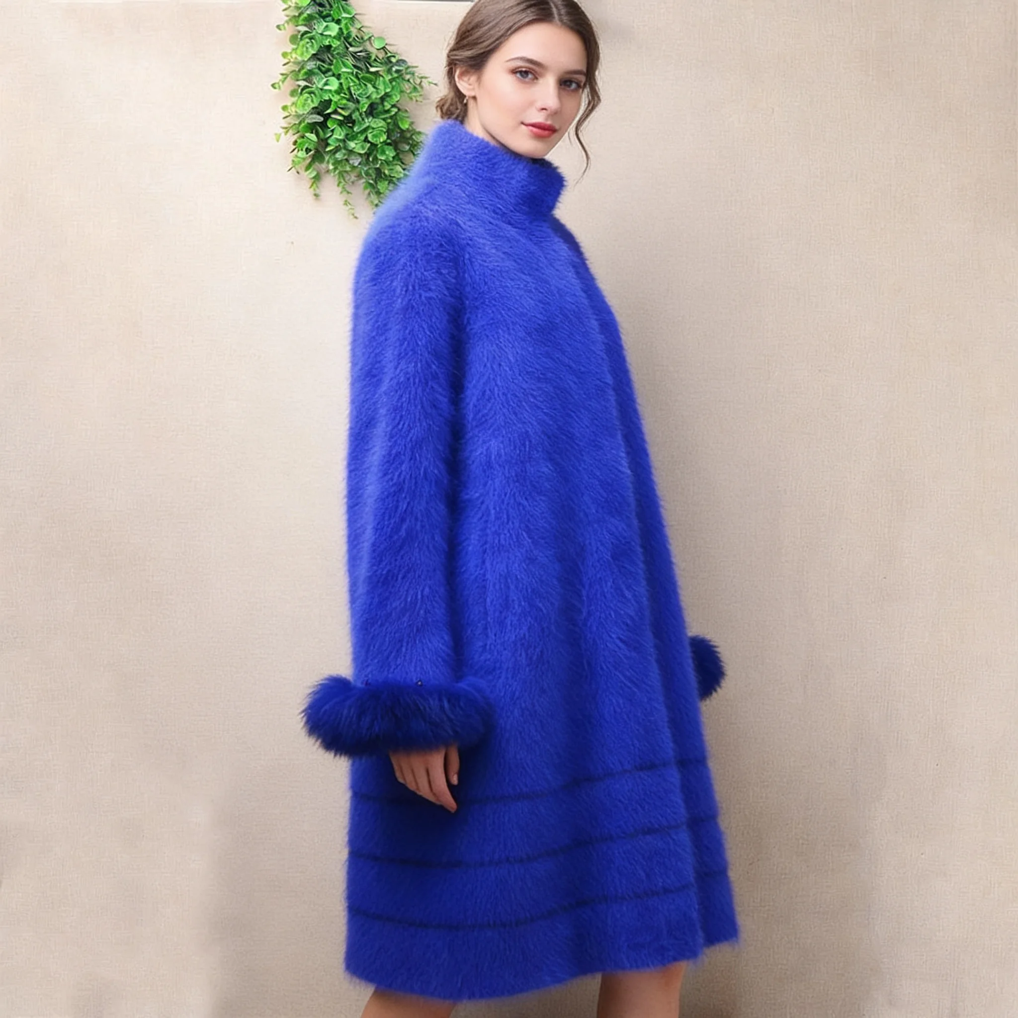 

Elegant Fashion Women Mujer Autumn Winter Mink Cashmere Knitted Stand-up Collar Fox Fur Sleeve Loose Long Sweater Cardigans Coat