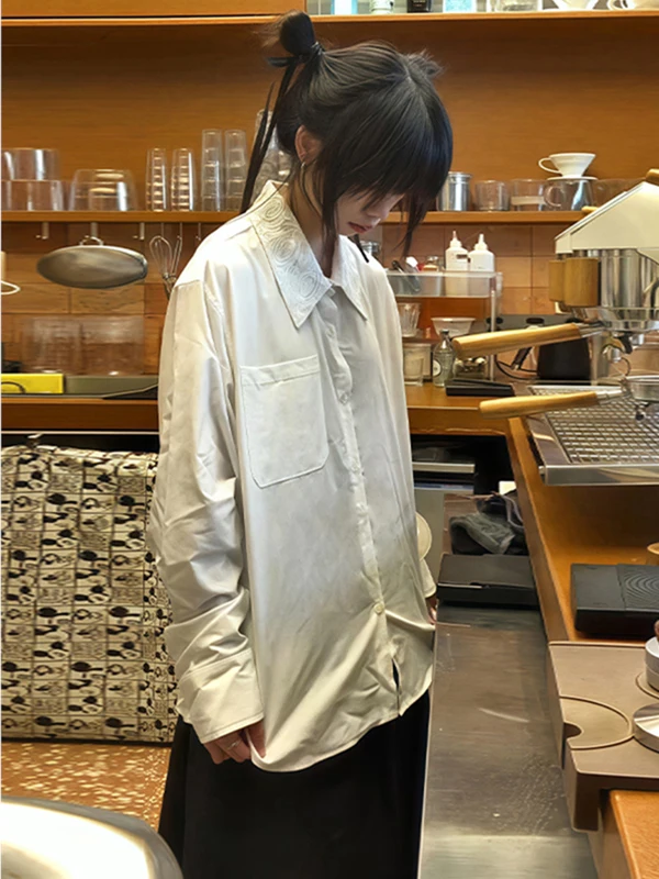 

Cleanfit Embroidered Floral Collar Long Sve irt Men's Spring Autumn Unique Design High End Feeling Layering Western Sl...