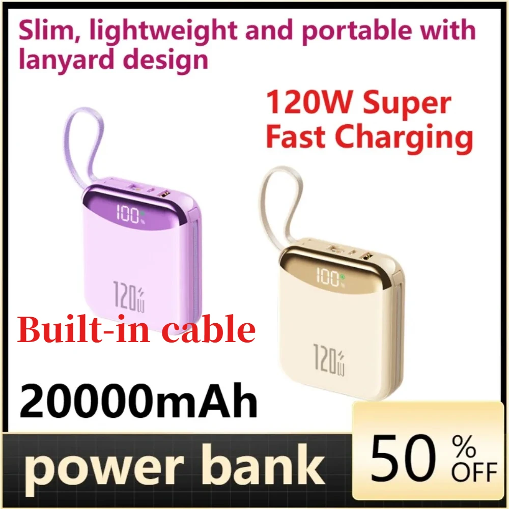 120W Super Fast Charging Power Bank, Built-in Cables, 20000mAh Large Capacity, Compact & Portable, Universal for Phones