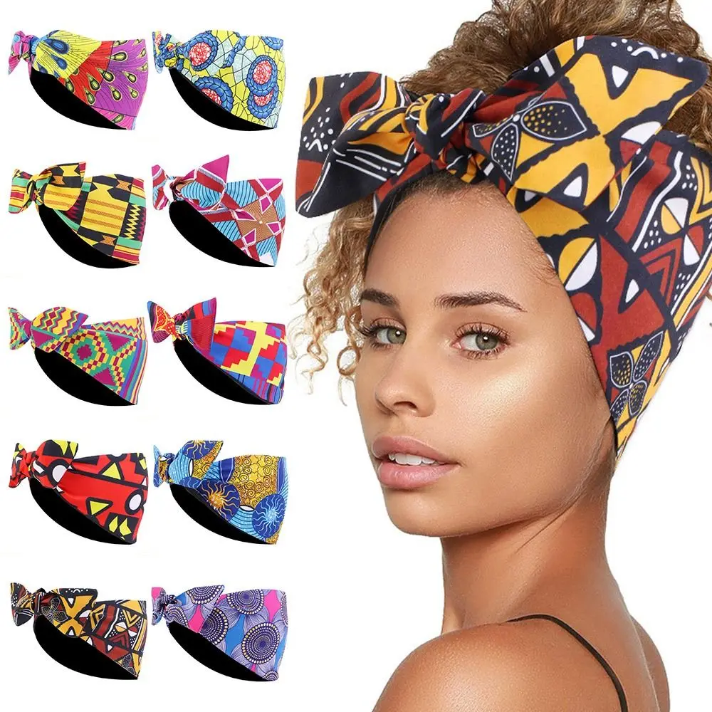 

Vintage Wide African Print Headband Elastic Knotted Boho Hair Wrap Daily Wears Turban for Women