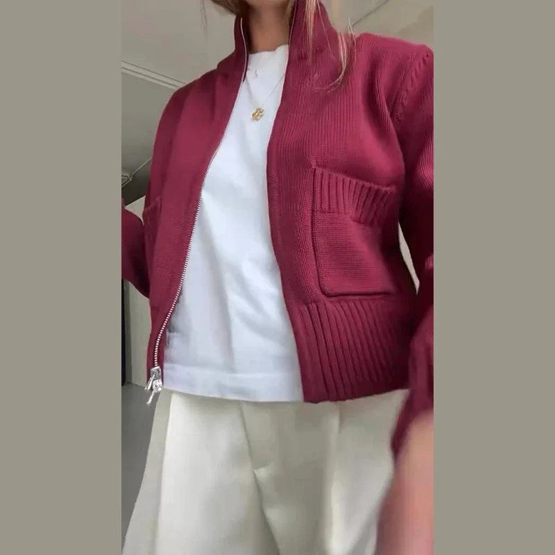 Damenmäntel mit Stehkragen, Doppelreißverschluss, kurzer Strickcardigan, Herbst, Damen, lange Ärmel, Taschen, einfarbig, schlanke Strickwaren, neue Oberteile – Detail 17