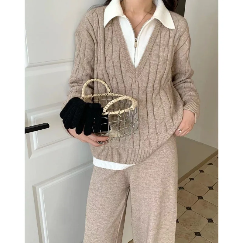 Pajamas for Women Knitted Two Piece Pant Set Solid Sweater Set Long Sleeve Faux Layered Pullover Full Lenth Wide Leg Pant Autumn