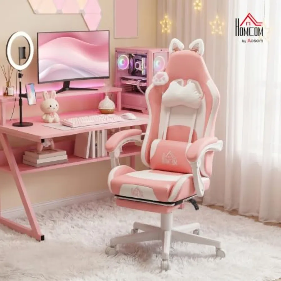Racing Gaming Chair with Cat Ears for Home Office Use, PU Leather, Pink, Ergonomic Support and 135 Recline with Detachable Foot