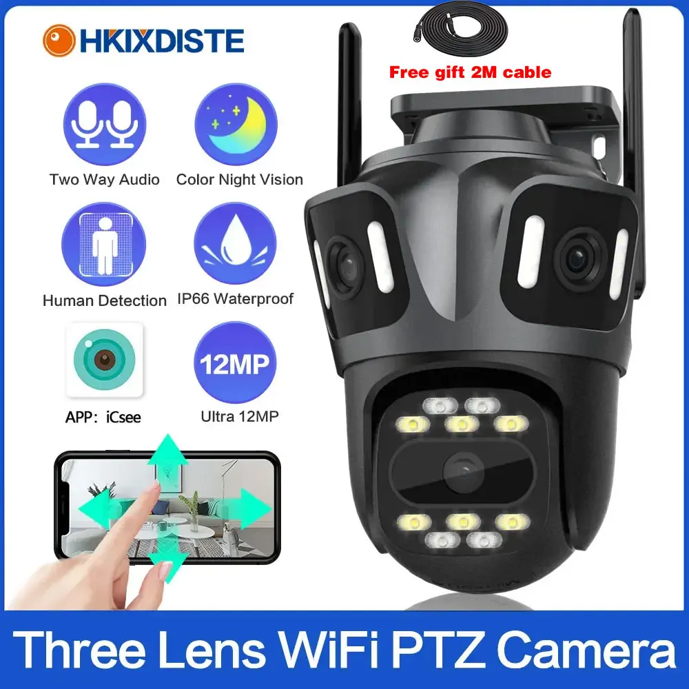 

6K Three Lens Three Screen WIFI IP Security Camera Outdoor Auto Tracking ICsee Wireless CCTV Surveillance Camera 2 Way Audio