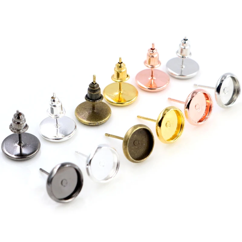 50pcs/lot 8mm High Quality Copper metal 6 Color Ear Studs Earring Base Findings Cabochon Setting Accessories (Free Back)