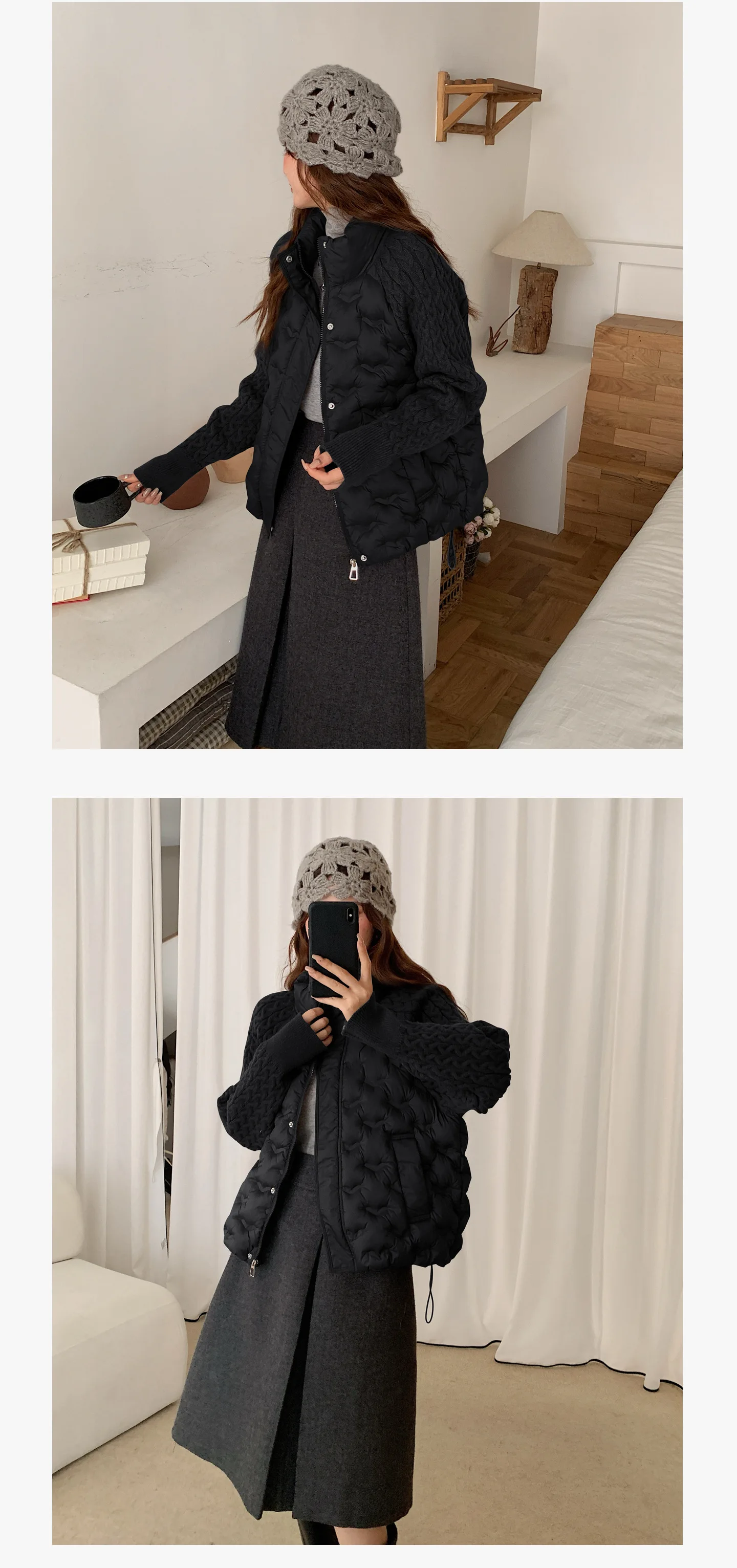 Korean Cable Knit Sleeve Spliced Padded Jacket 2026 Winter Stand Collar Warm Puffer Jacket Women All Match Casual Quilted Parkas