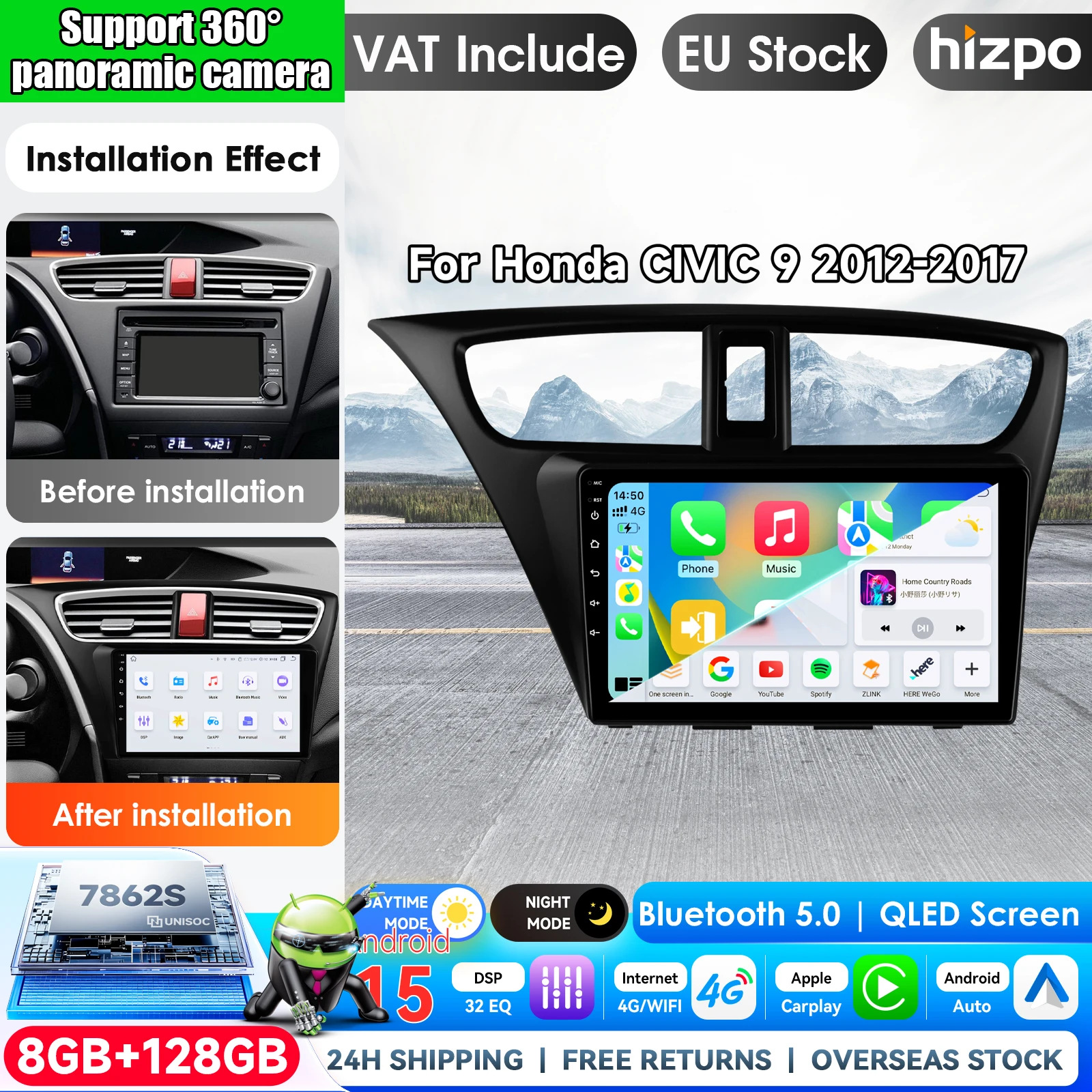 Hizpo 9-Zoll-Autoradio mit kabellosem CarPlay und Android Auto für Honda Civic 9 FK FB 2012-2017, 2-DIN-Multimedia-Stereoanlage mit integriertem Kühlventilator, GPS-Navigation, SWC, Bluetooth, FM,