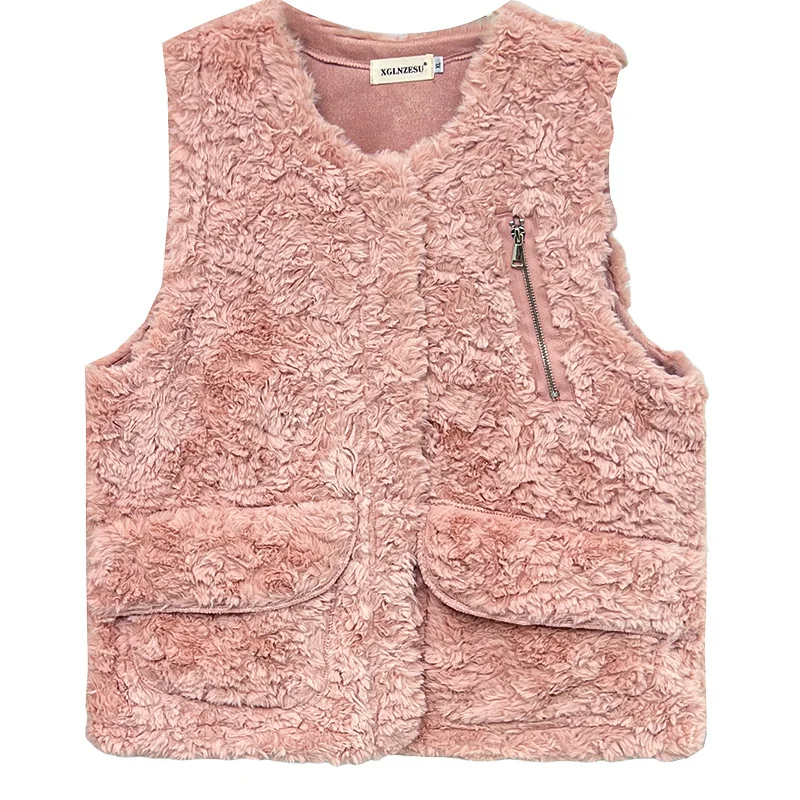 Plus Size Womens Plush Jacket Winter Casual Fashion Embossed Rabbit Faux Fur Outwear Zipper Pocket Warm Sleeveless Vest 3077