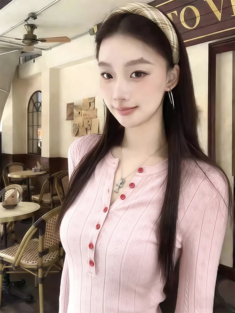 

Pink Sweet Buttoned Henry Collar Long Sve Knitted Sweater Women Early Spring Slim Fit Inner Elastic oulder Base Top