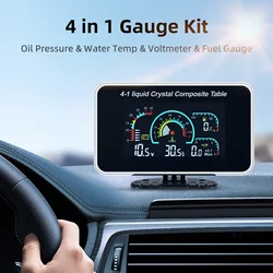 LCD Car Truck Digital Gauge 4 in 1 Oil Pressure Gauge Voltmeter Water Temp Meter With 10mm Temperature Fuel Level Sensor 12V/24V