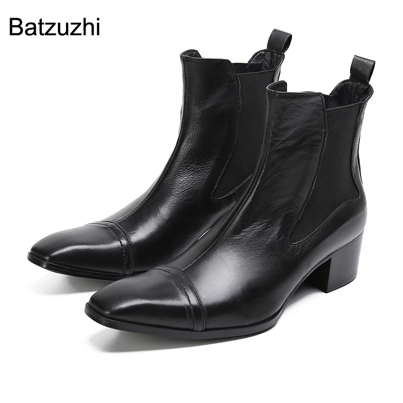 

Batzuzhi Men's Boots 6cm High Heel Soft Black Genuine Leather Ankle Boots Men Slip On Knight, Party, Business Botas Hombre!38-47