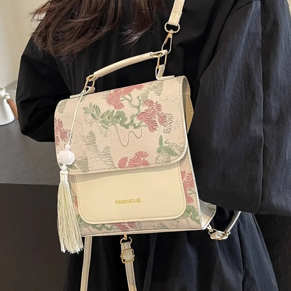 الحلو التطريز حقيبة ظهر من البولي يوريثان الفاخرة شرابة قلادة النمط الصيني Daypack سعة كبيرة خمر حقيبة ظهر مربعة صغيرة