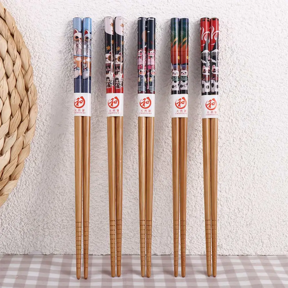 Reusable 5 Pair Chopsticks Set Handmade Japanese Style Natural Wood Chopsticks Sushi Food Cat Flower Wooden Chop Sticks