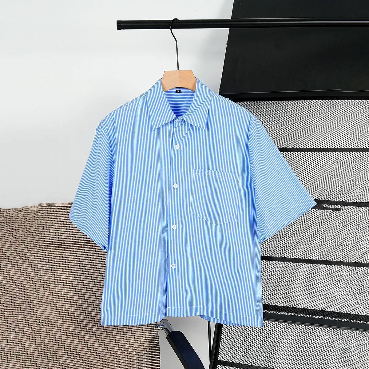 Men's Summer Oversized Formal Shirts Button Up Cropped Dress Short Sleeve Custom Logo Striped Office Work Clothes Top