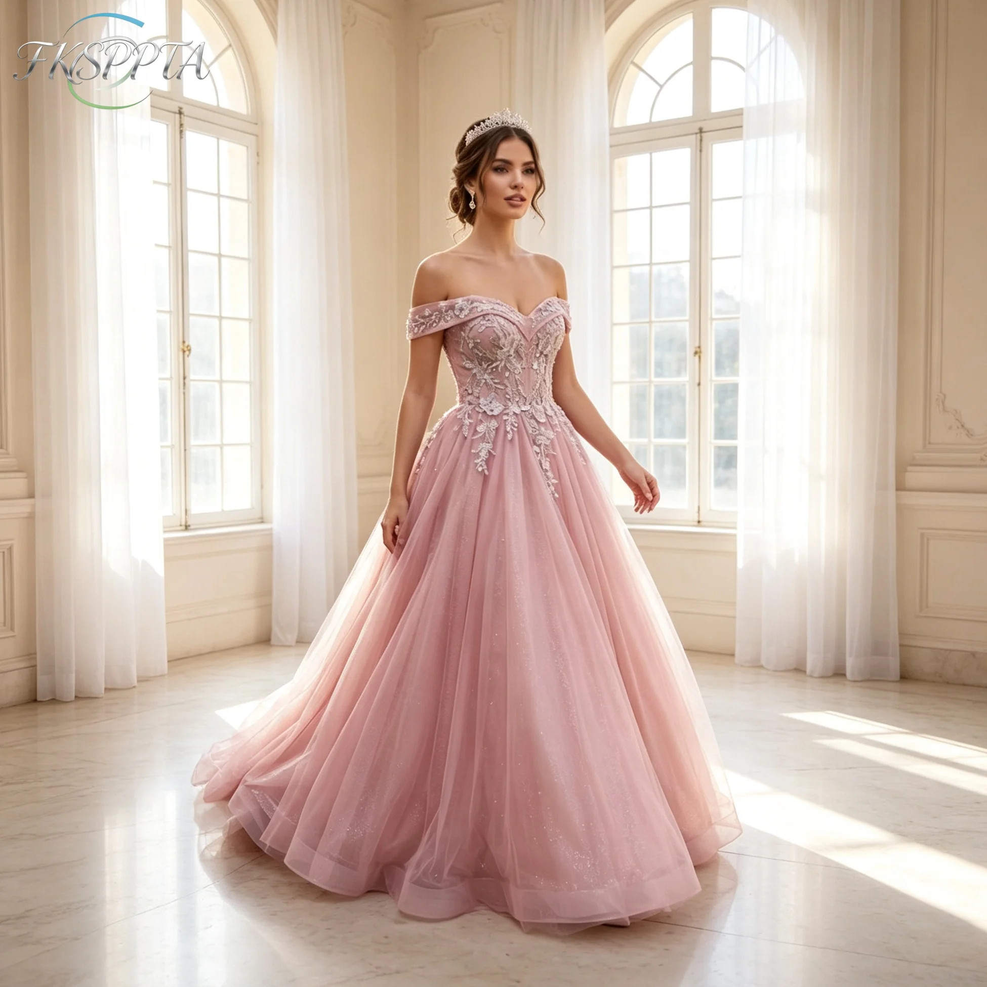 Bling Long Tulle Evening Dress Off The Shoulder A Line Appliques Floor Length Women Special Occasion Gowns For Wedding Party