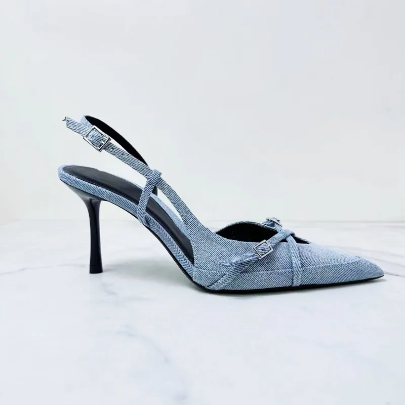 Donna Blu Fiocco Nodo Tacchi alti Sexy Slingback a punta Décolleté Sandali con tacco 2024 Estate Nuovo elegante partito Sandali femminili