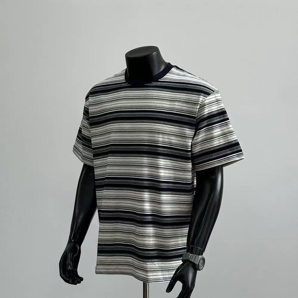 

Летняя полосатая футболка мужская в стиле ретро с коротким рукавом негабаритный хлопок тренд простая повседневная вязаная рубашка с круглым вырезом футболки больших размеров