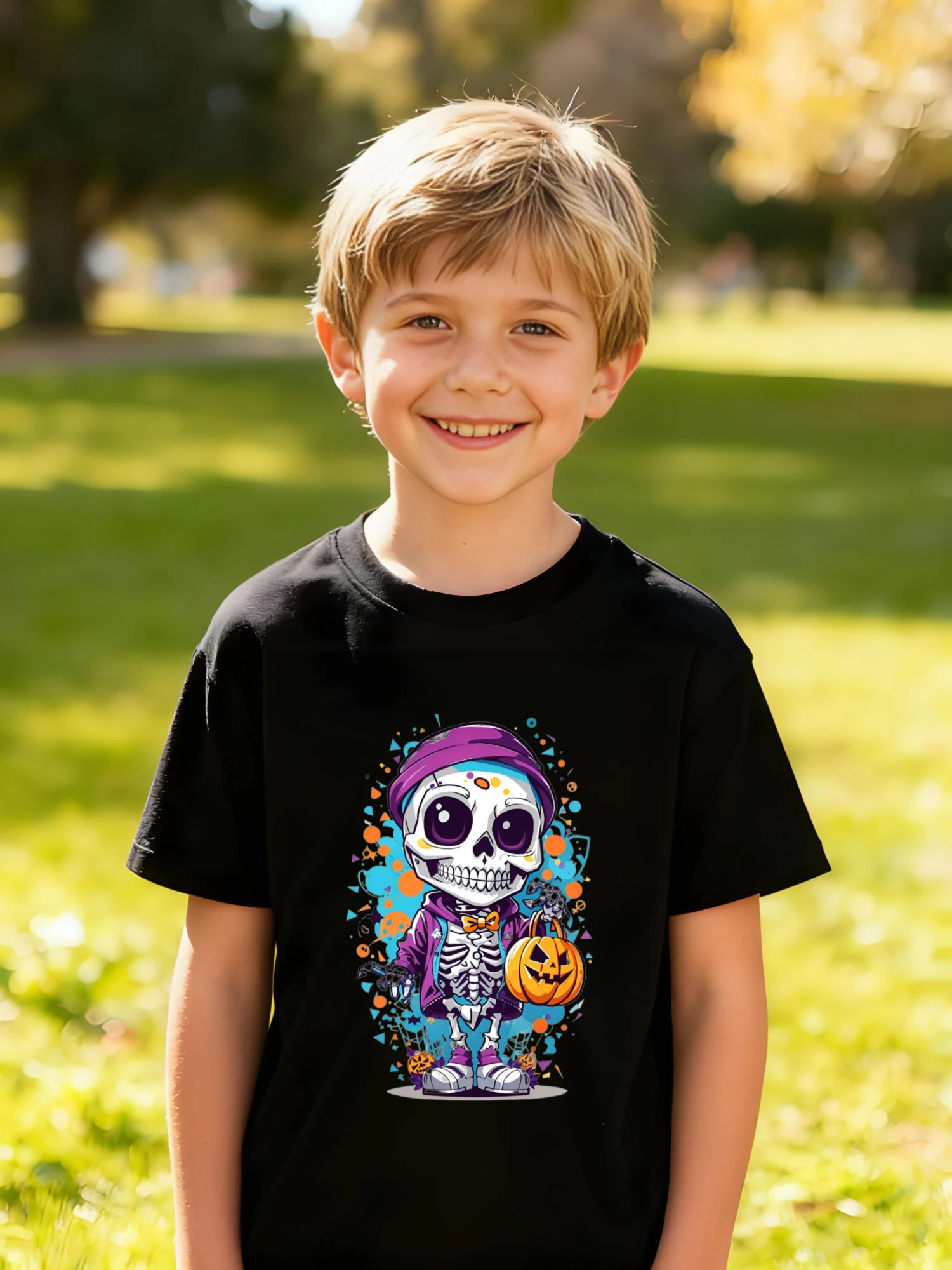 ​ تي شيرت قطني للأطفال بهيكل عظمي للهالوين باللون الأرجواني مع ملحقات فانوس اليقطين للأولاد والبنات والحفلات المخيفة