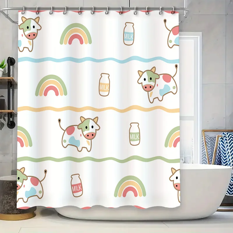 

Cute Cow Milk Bottle Rainbow Bathroom Shower Curtain for Kids Room Decor Waterproof Liner Green White Cream (Size: 72x84)