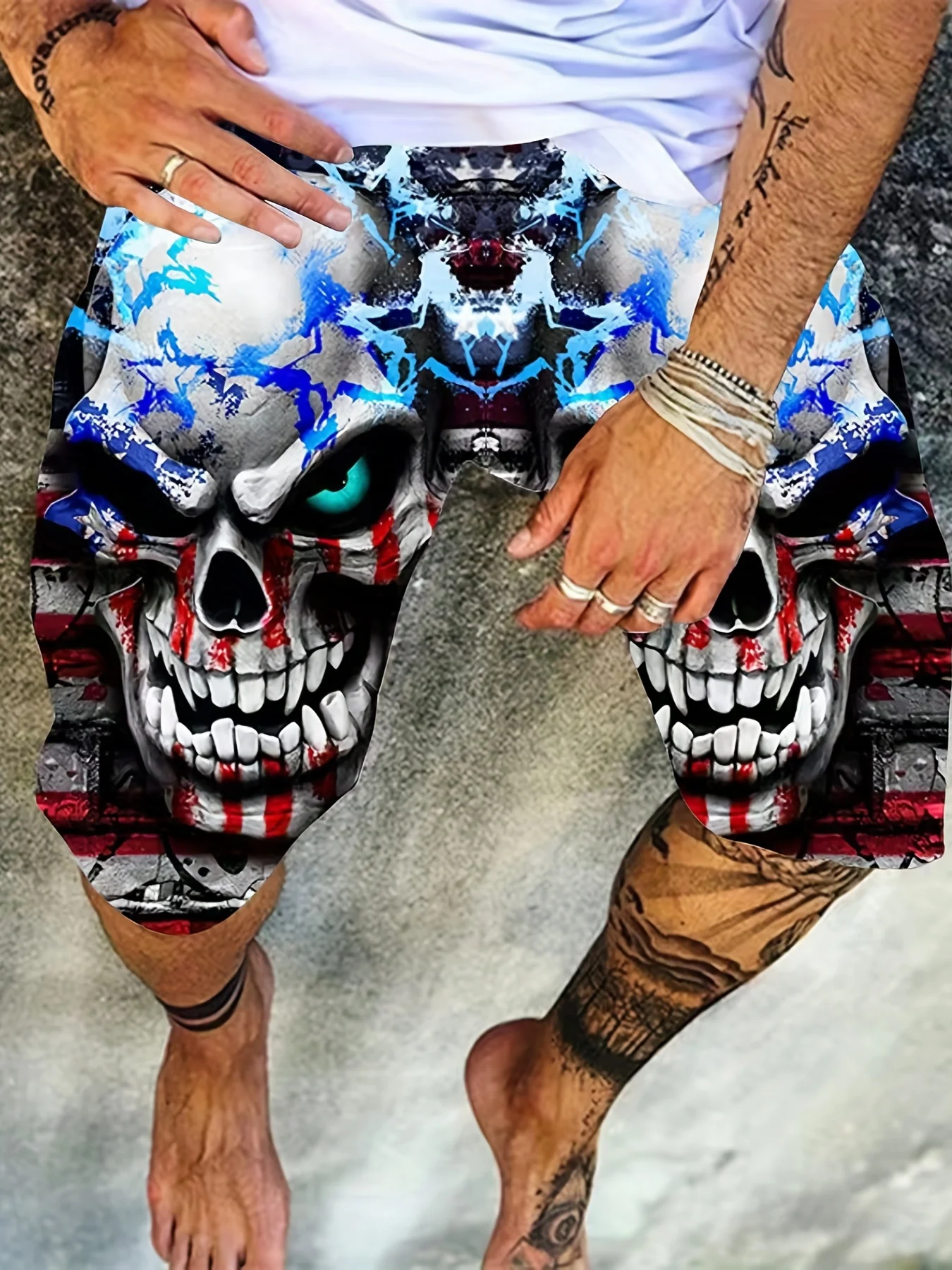 3D Patriotic Skull Print Men\'s Shorts Comfortable Stretchy Suorts Summer Clothing Oversized Sport Shorts Runing Quick Dry Shorts