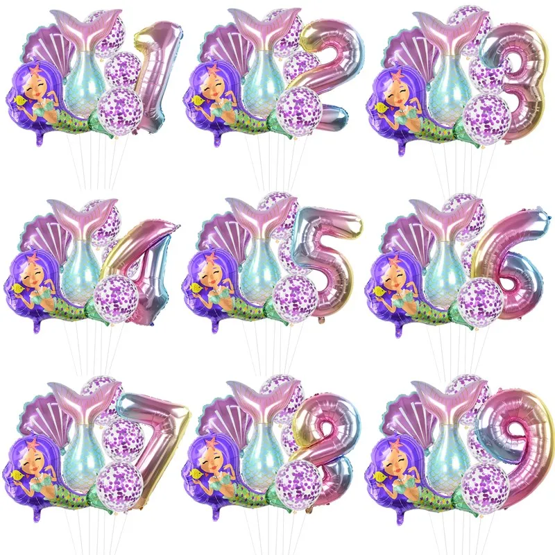 7pcs/Set Little Mermaid Ariel Foil Balloon Supplies Baby Shower Girl Birthday Party 1 2 3 4 5 6 7 8 9 Years Old Decorations Toys