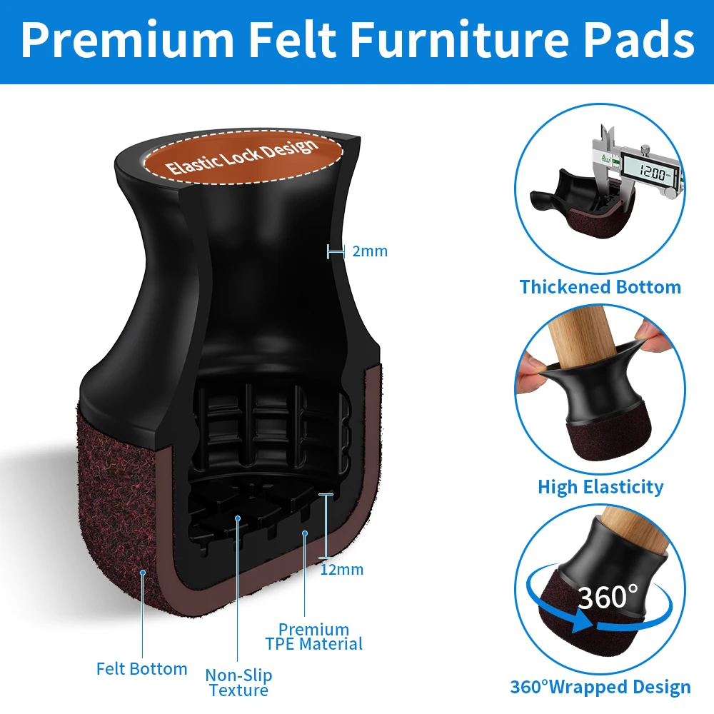 16PCS Round Chair Leg Protectors Silicone Chair Leg Caps Thickened Felt Bottom Anti-Slip Furniture Feet Pads for Hardwood Floors