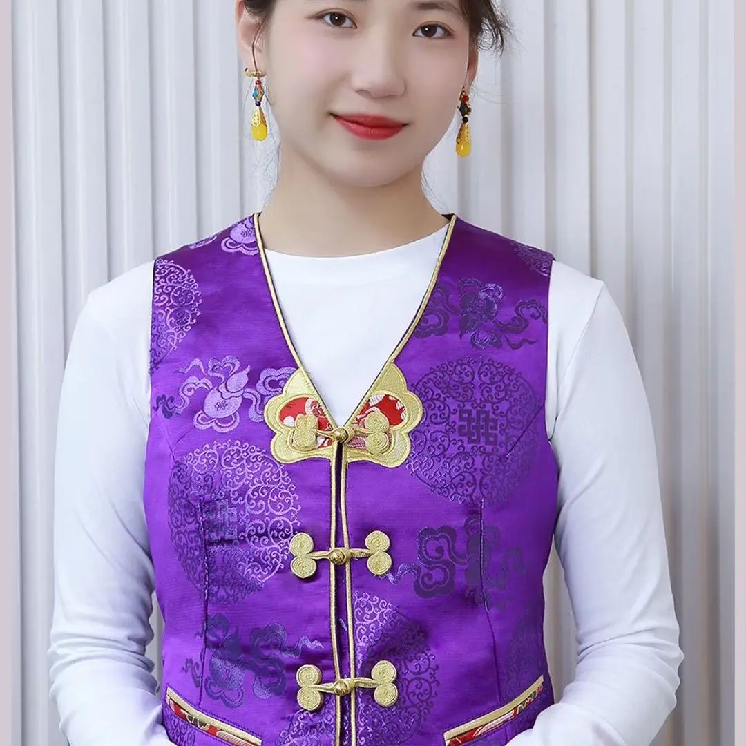 Women's brocade-trimmed Tibetan minority style vest jacket