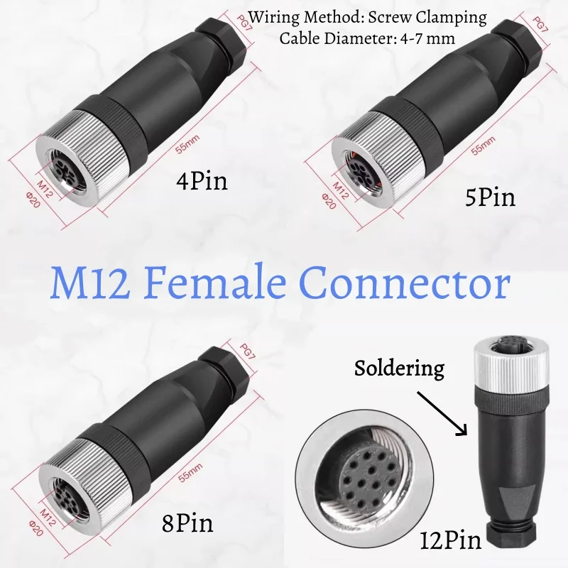 M12 Waterproof Aviation Plug Socket 4 5 8 12 Pin Male/Female Straight/right Angle Solderless Power Connector PG7 Charger