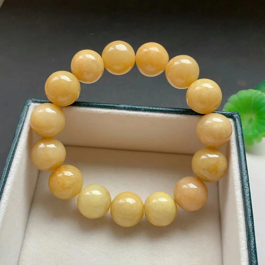 Natural Yellow Jade A Round Beads Bracelet 13.5mm Women Natural Gemstone Rare Jade A Gemstone Crystal AAAAAA