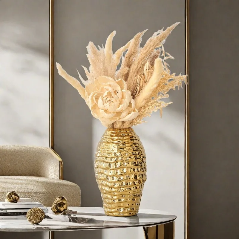 

1Pcs Golden Wrinkled Ceramic Vase Flower Pot Desk Decoration Flower Arrangement Gold Plated Vase Room Aesthetic Decoration