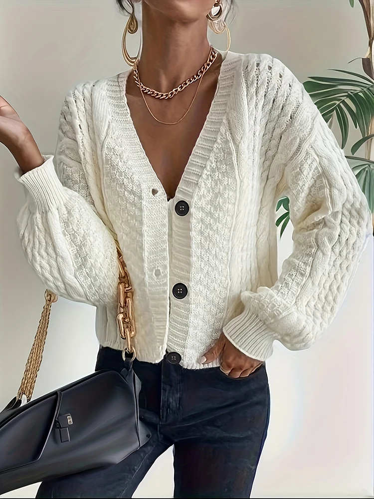 

Autumn Winter white Ribbed Knit cardigan for women Clothes Single Breasted V Lapel Long Sleeve Knitted Buttons-up Sweater jumper