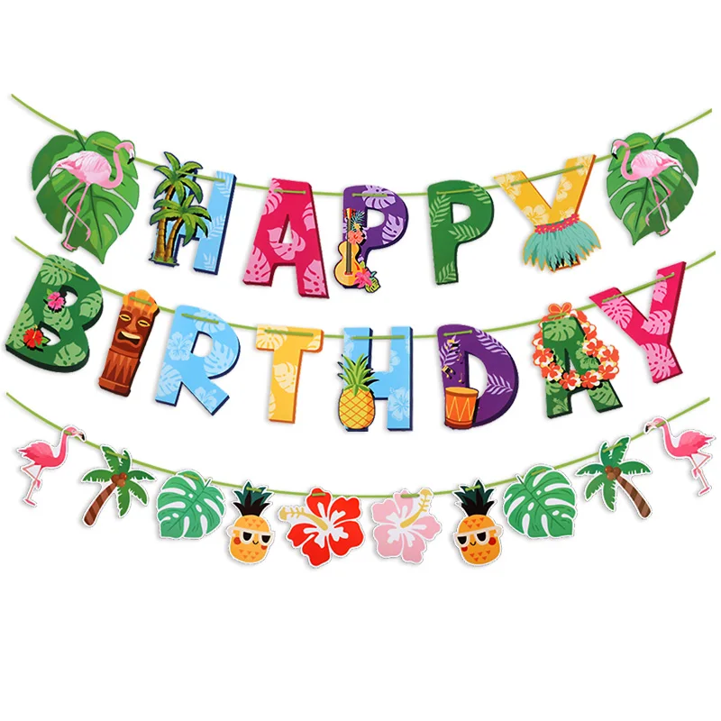 Guirnalda hawaiana de feliz cumpleaños para fiesta, cartel de piña y flamenco de dibujos animados, adornos para tarta, decoración de fiesta Luau de verano para boda