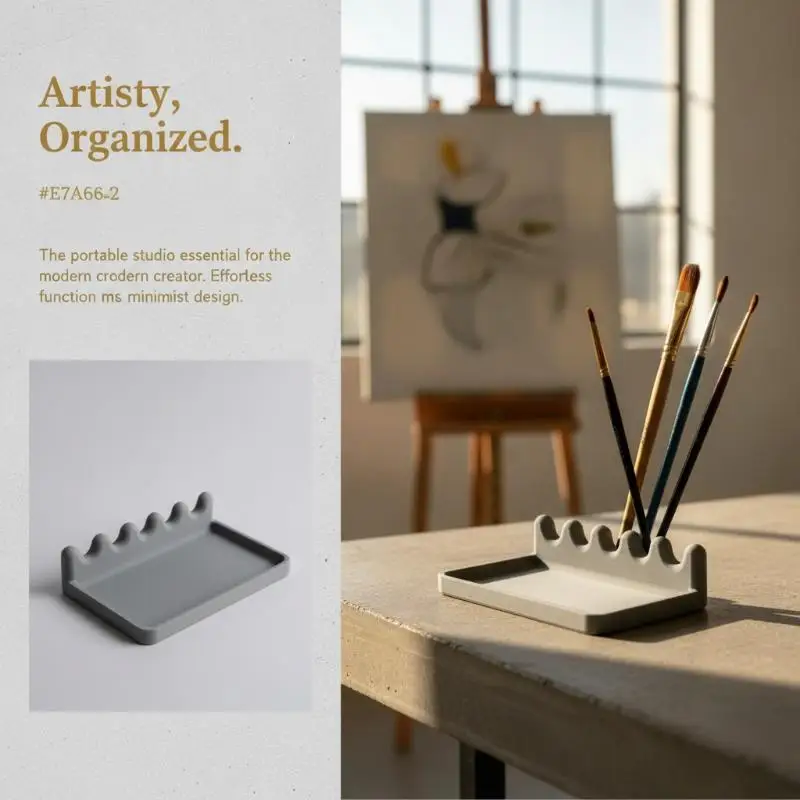 [J] 3D 5 Slots Paint Brush Holder With Drip Tray Portable Water Coloring Brushes Organizer Desktop Brush Holders