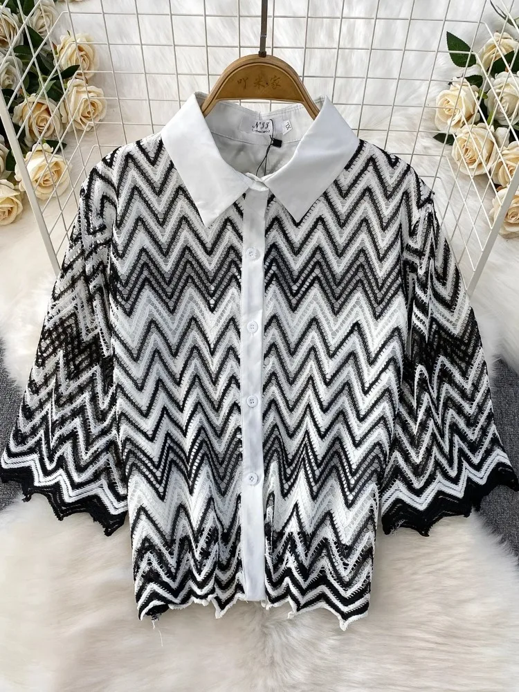 Aushöhlen Spitze Anzug Gestreifte Gestrickte Urlaub Strand 2-teiliges Set Frauen Lose Revers Hemd Tops + Hohe Taille Bogen spleißen Hosen Sets