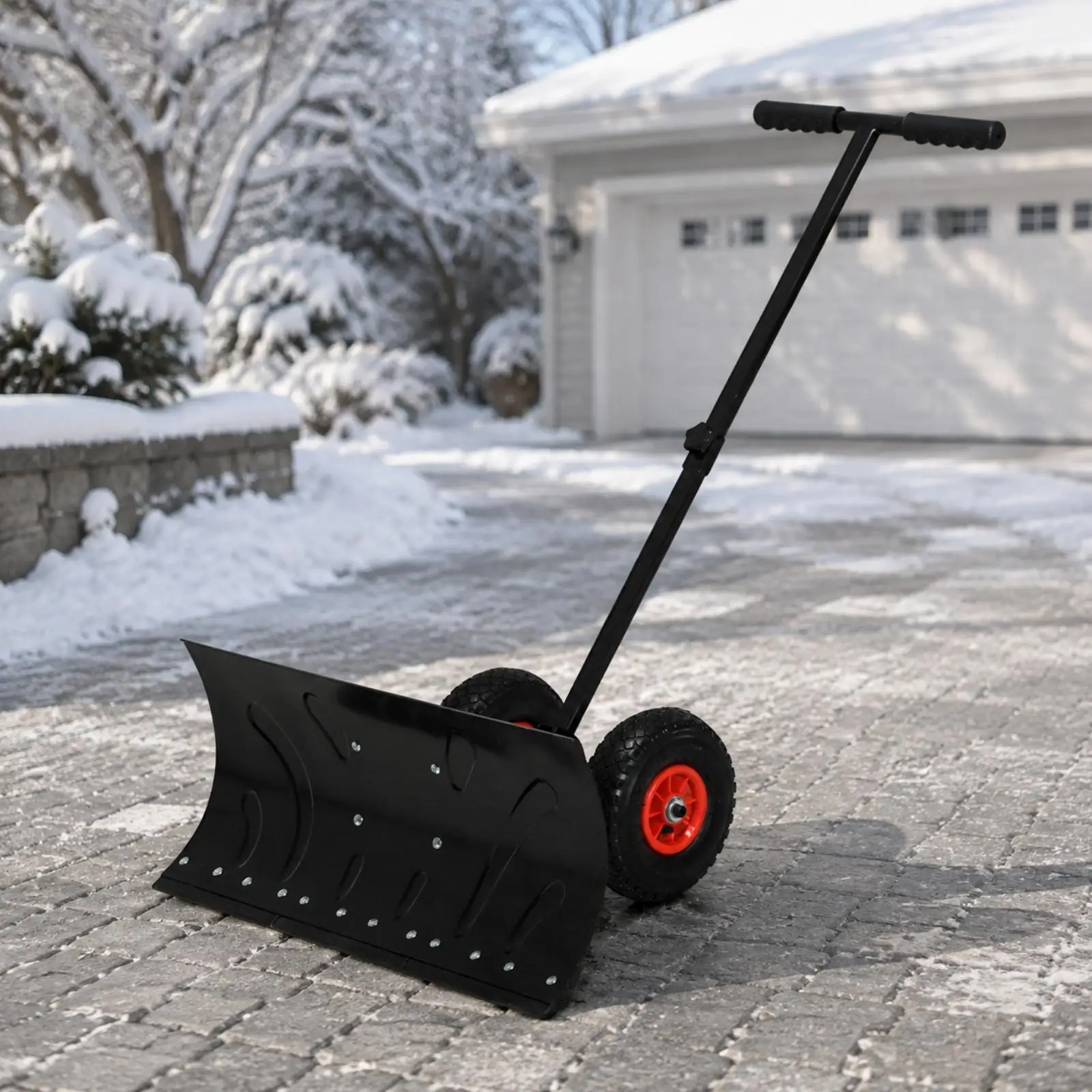 Push Snow Plow with Wheels for Yard and Path Cleaning Ergonomic Rolling Shovel for Effortless Snow Moving