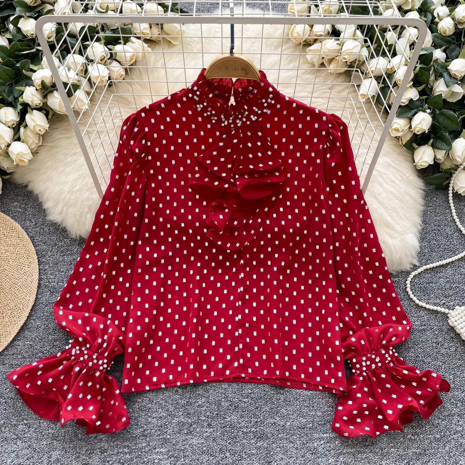 Vintage Stand Neck Long Butterfly Sleeve Chic Dot Print Loose Rhinestone Top French Streetwear Women High Street Autumn Blouse