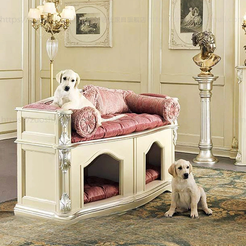 Solid wood bedroom house beige gold painted dog house pet rest bed villa dog small  customization